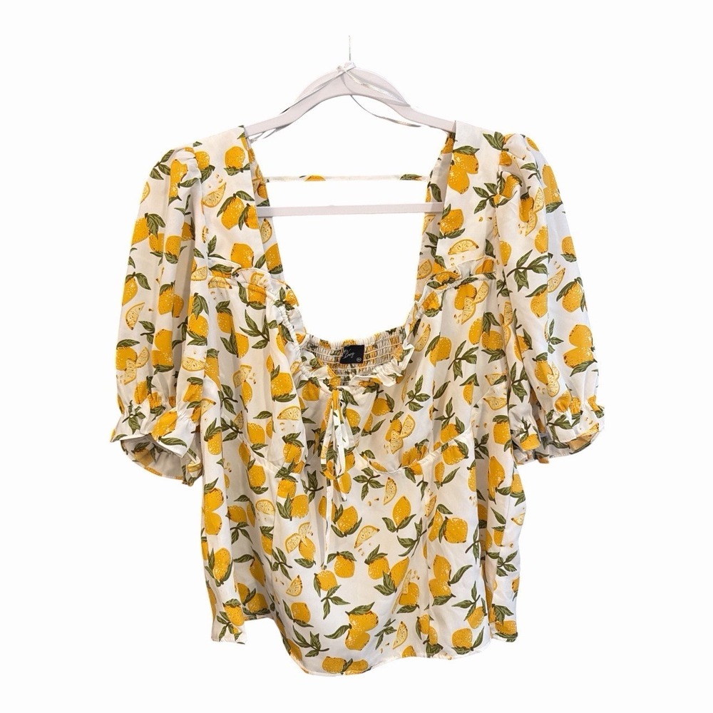 Milk & Honey Lemon Print Peasant Blouse 2X Cottagecore Puff Sleeve Top - Picture 1 of 5